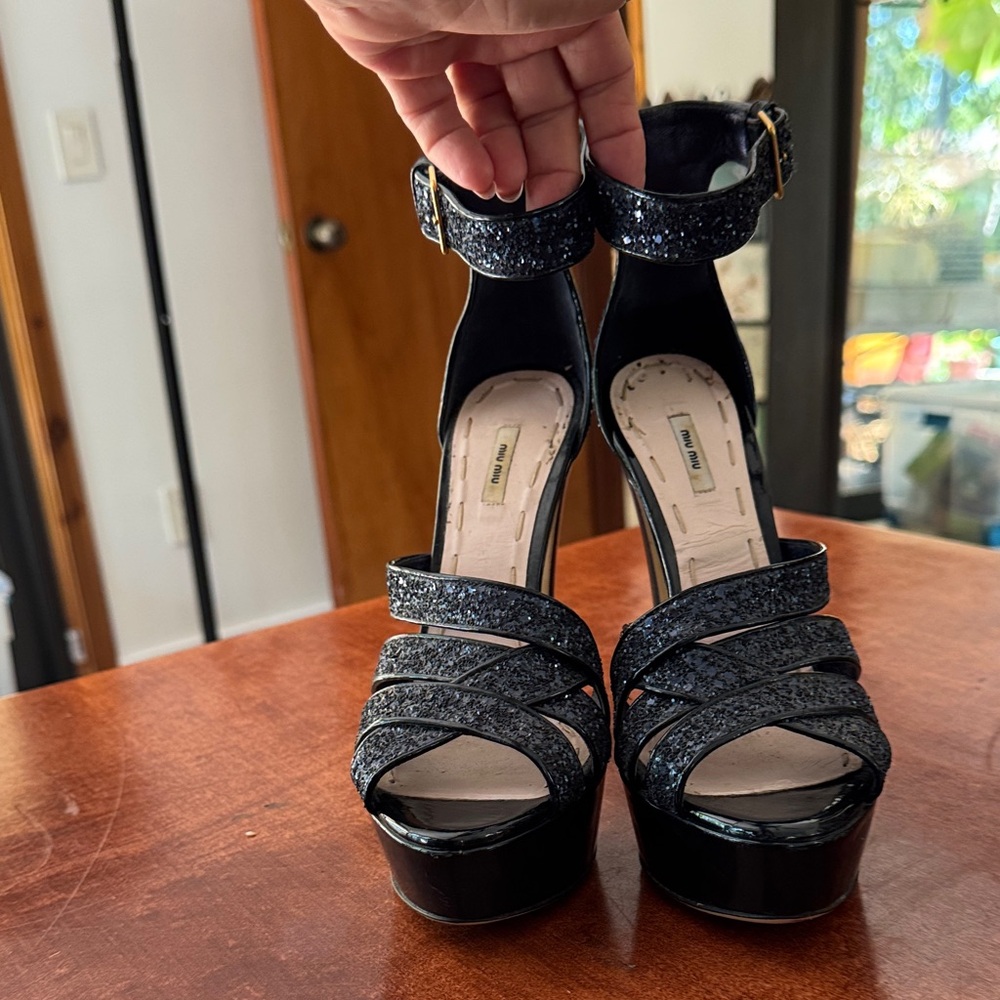 Miu Miu Navy Blue Glitter Platform Ankle-Strap Sandals - Picture 2 of 13